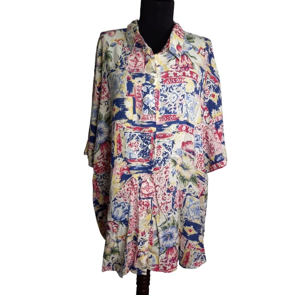 Kathi Lee Size 26W Shirt Womens Abalone Buttons Patchwork Floral Rayon Tiki